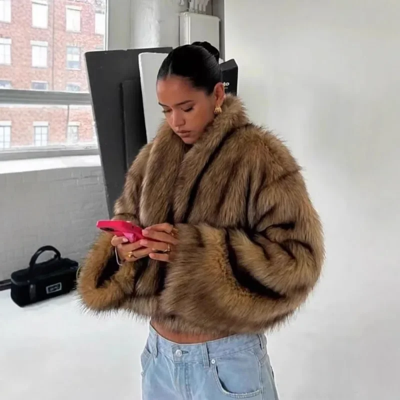 Fluffy Lapel Fur Jackets for Women Long Sleeves Casual Buttons Top Imitation Faux Fox Fur Loose Thick Warm Street Coats Winter