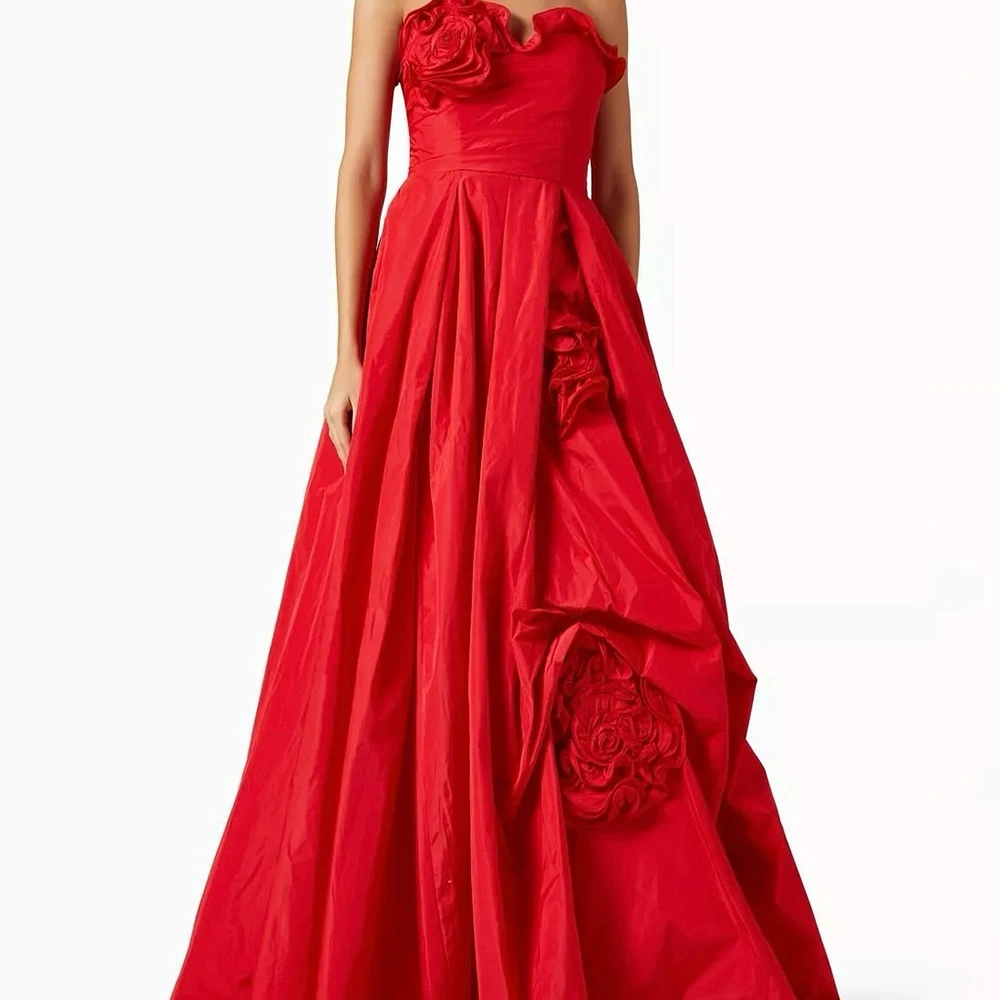 

Customized Fashion Flowers Satin Evening Dresses High Quality A-Line Floor Length Strapless Sleeveless Special Occasion Gowns