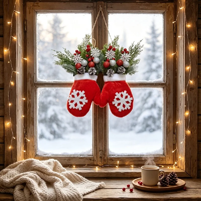 Christmas Accessories Christmas Glove Wreath With Twinkling Lights Red Berry Pine Cone Snowflake Wall Hanging Ornament For Front