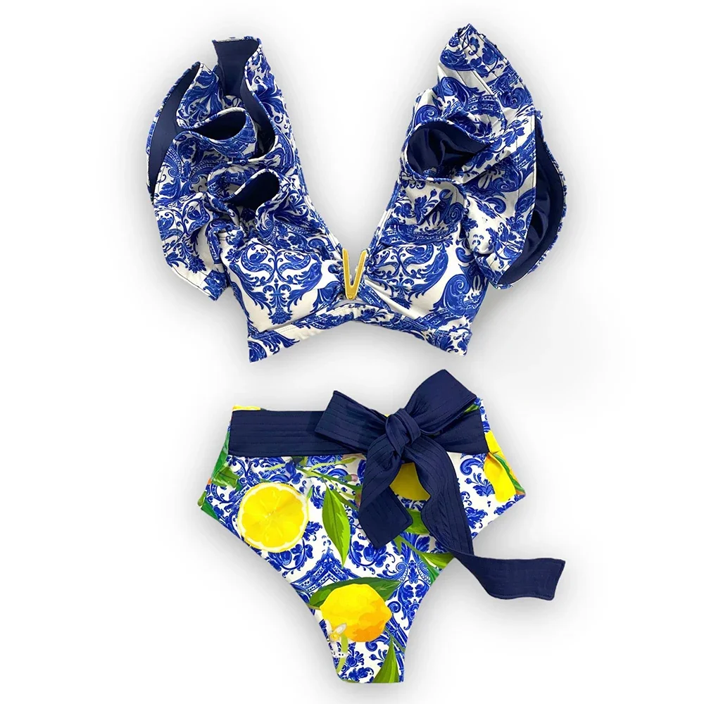 2024 Nieuwe Sexy Hoge Taille Bikini Sets Ruche Badmode Vrouwen Badpak Print Bloemenprint V-Hals Strandkleding Badpakken Biquini