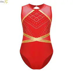 Kids Girls Gymnastics Leotard Metallic Rhinestones Ballerina Dance Costume Sleeveless Ballet Athletics Costume Child Bodysuit