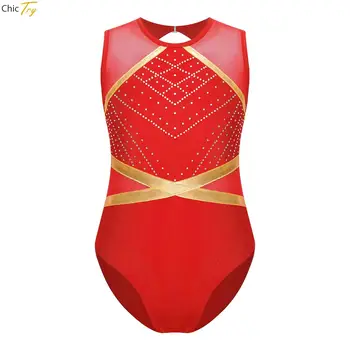 Çocuk Kız Jimnastik Leotard Metalik Rhinestones Balerin dans kostümü Kolsuz Bale Atletizm Kostüm Çocuk Bodysuit