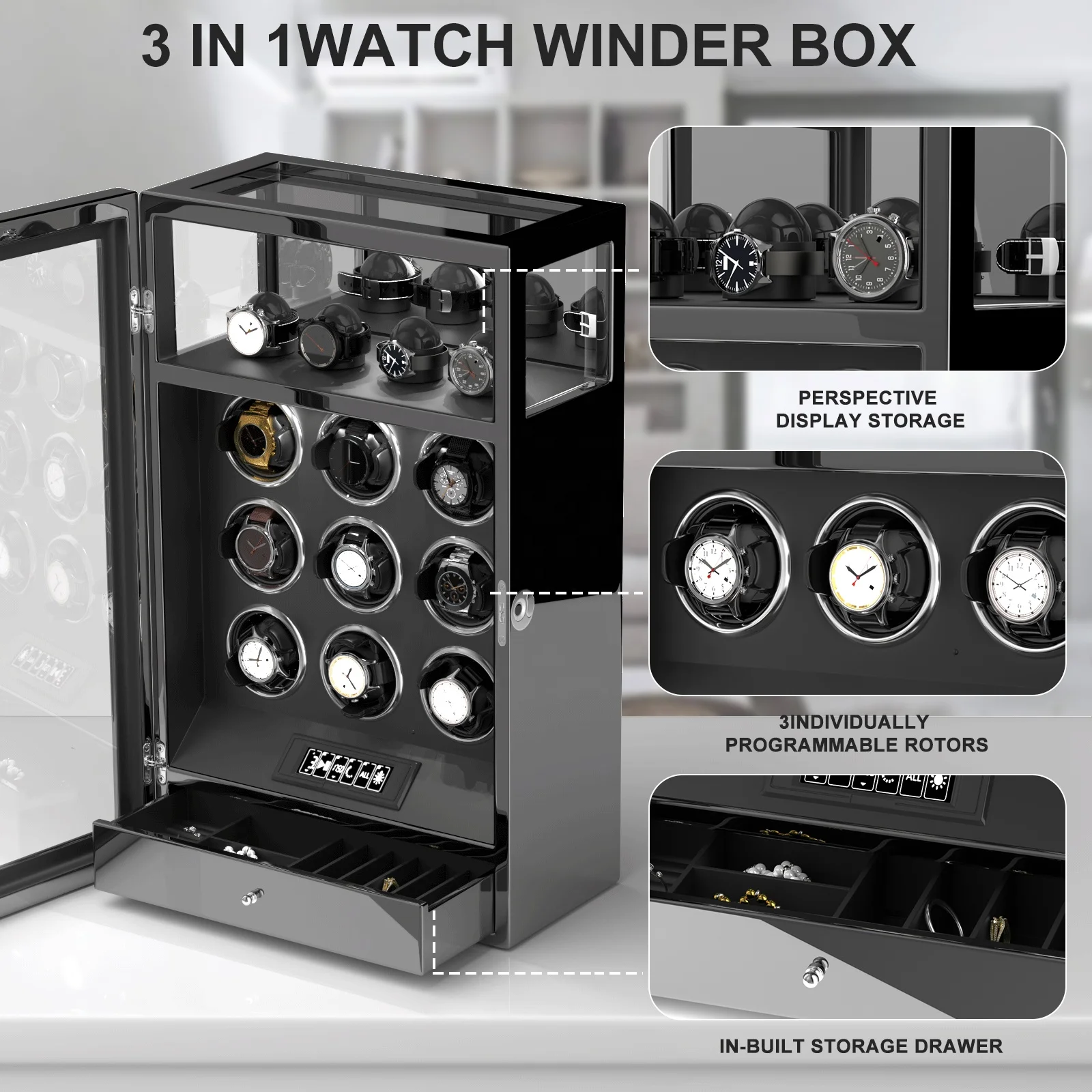Smart Fingerprint Automatic Watch Winder Safe Box Case Luxury Wardrobe Watch Winder 3 6 9 Slots With Jewelry Compartment