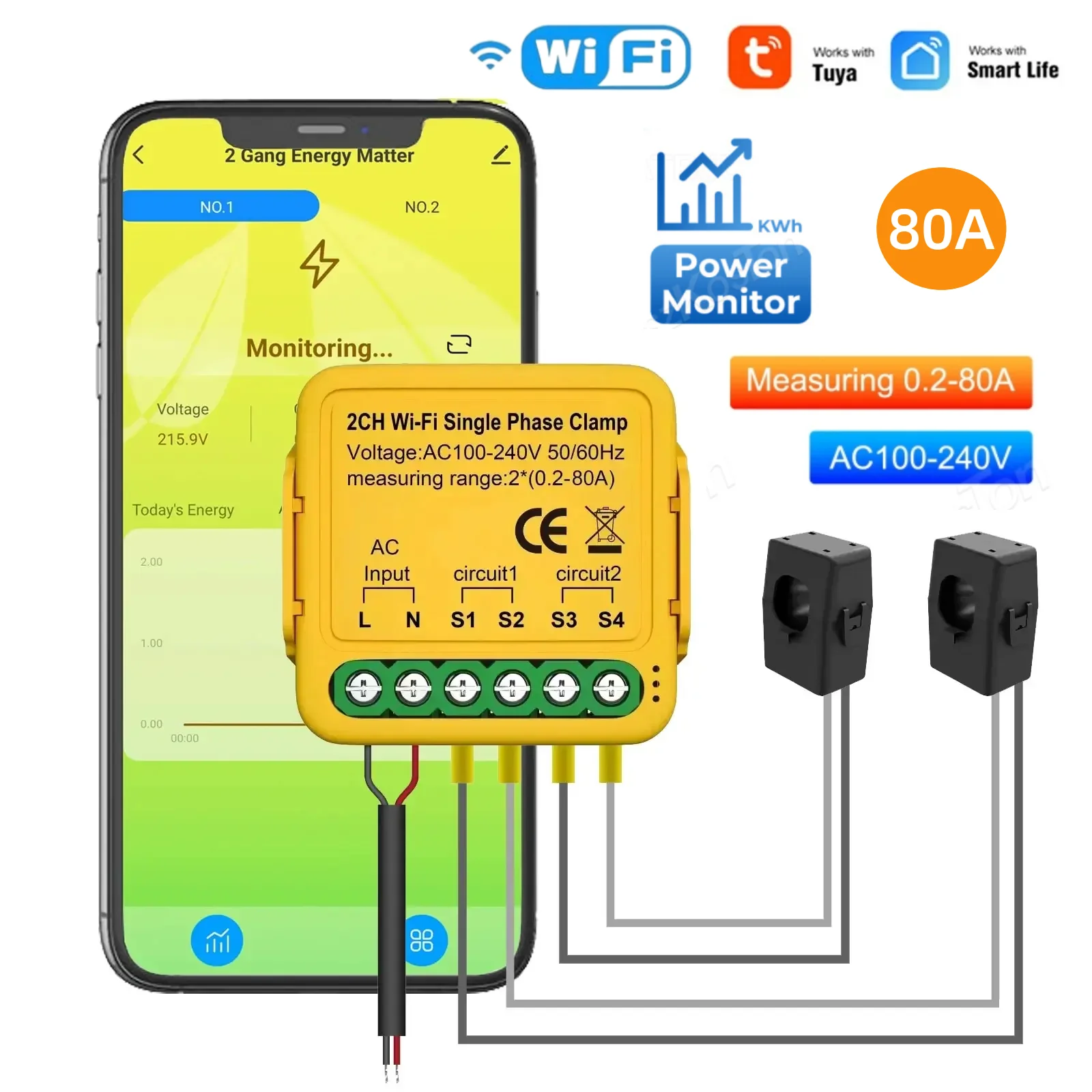 Tuya Smart WiFi Power Meter Current Transformer Sensor Clamp 80A Energy Meter for Electrical Lighting Solar KWH Monitor