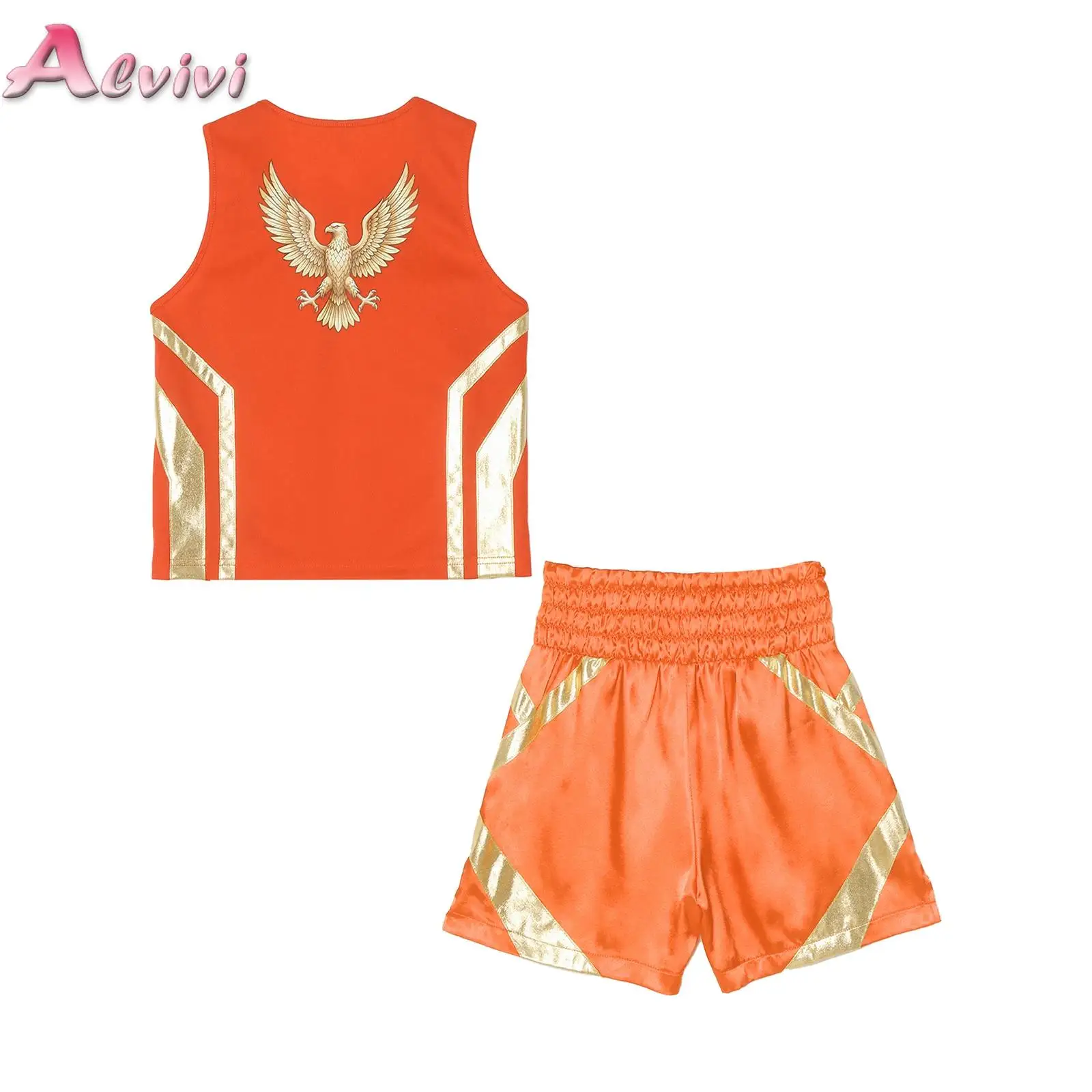

Kid Boys Two-piece Boxing Uniform Set Quick-Dry Metallic Trim Eagle Printed Vest with Wide Satin Shorts for Training Competition