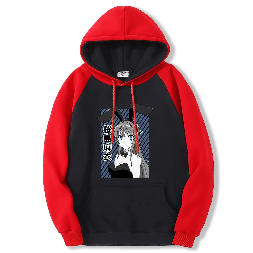 Korean Style Men Hoodie Love Novel Sakurajima Mai Bunny Girl Print Pullovers Warm Splicing Sweatshirts Fleece Pocket Streetwears