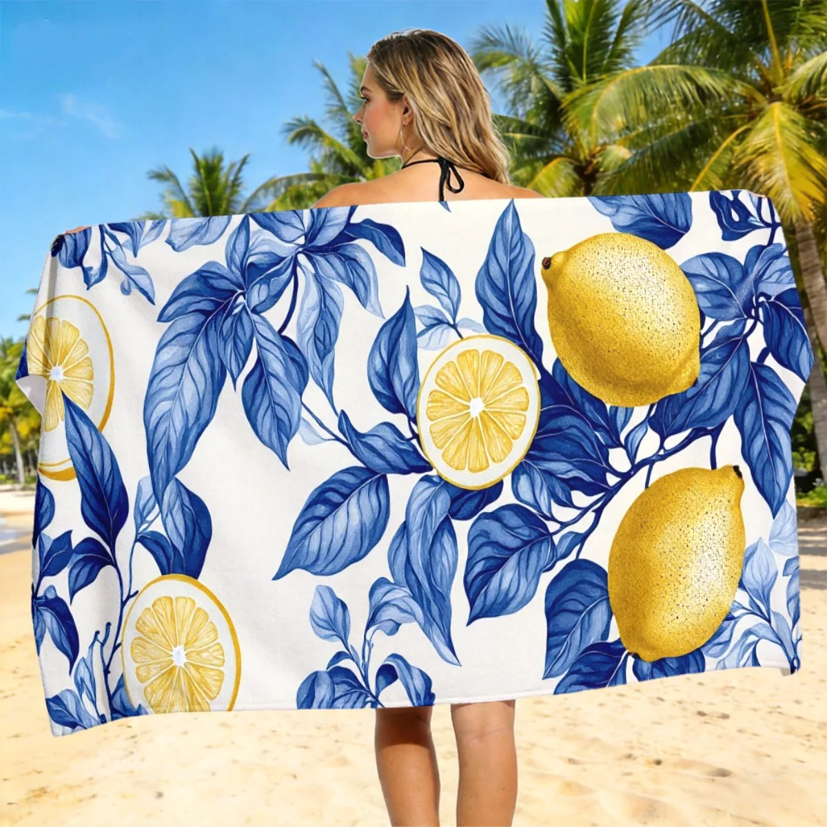 Lemon Print Beach Towel - Blue Leaves & Yellow Lemon Pattern, Soft Microfiber Quick Dry Sand-Free for Travel Pool Summer