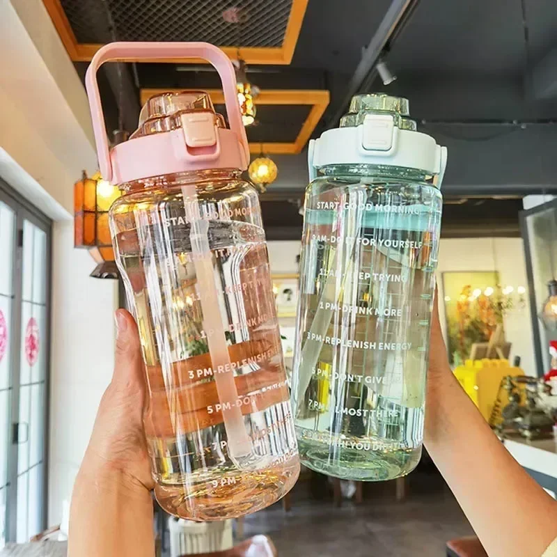 2L Straw Water Bottle Large Capacity Plastic Water Cup Portable Drink Bottle With Time Marker For Outdoor Sports Fitness