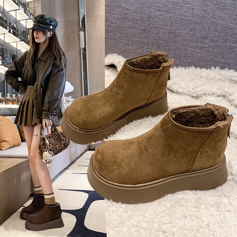 

Women's Fleece-Lined Short Boots 2025 New Winter Round Toe Chelsea Ankle Boots Fashion Camel Boots