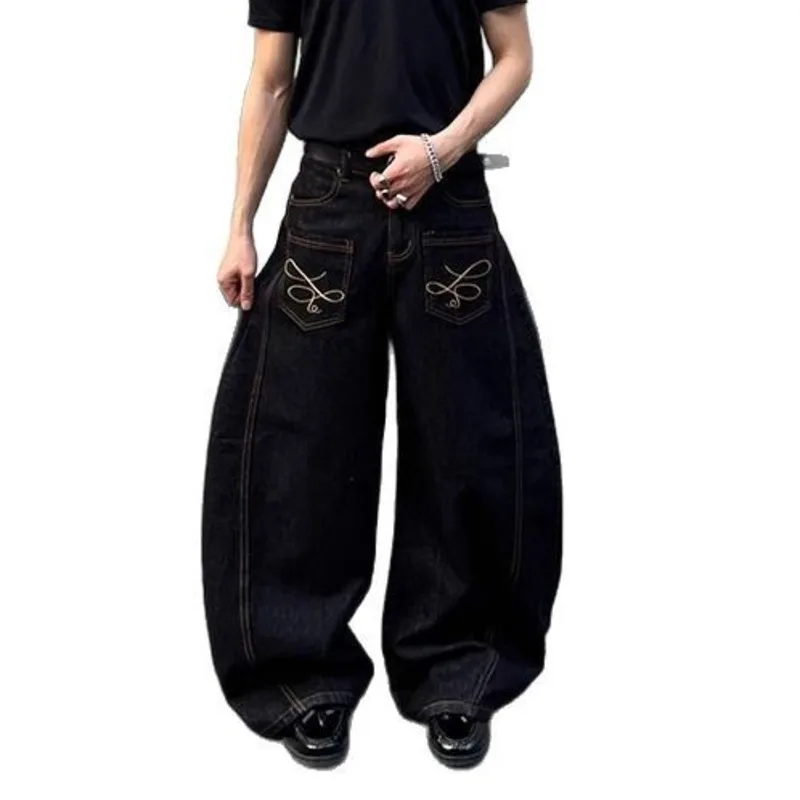WTHT moda męska haft jednokolorowy patchworkowy wzór spodnie dżinsowe Vintage Casual luźne dżinsy z szeroką nogawką męskie lato 2A0186