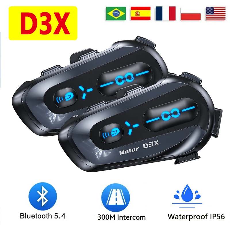 2024 New D3X Motorcycle Bluetooth Helmet Intercom 1000mAH High-capacity Battery Auto Answer For lncoming Calls IP56 Waterproof 