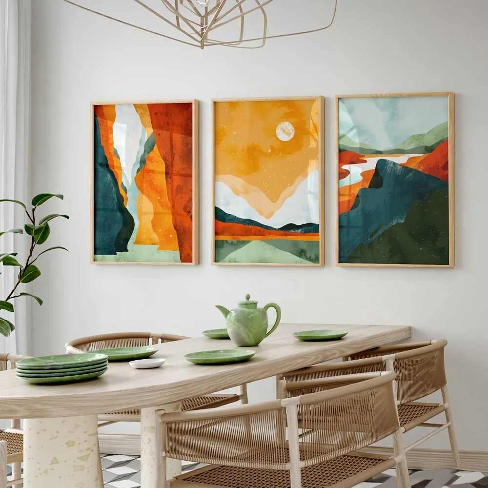 3pcs Frameless Boho Modern Art Poster,Sun and Mountain Illustration,for Room Decor Such As Office,Living Room or Dining Room