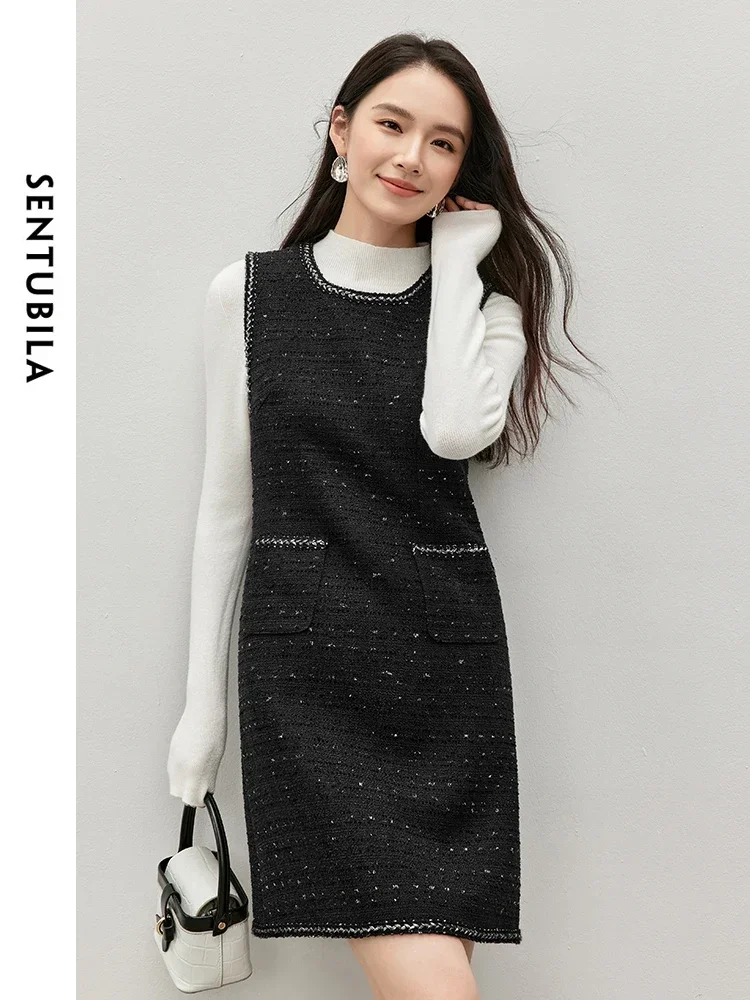 

SENTUBILA Fashion Sequins Dresses Women 2024 Autumn Elegant Spliced Woven Tape O Neck Sleeveless Texture Black Dress 143L56784