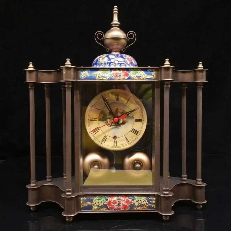 Antique Style Pure Copper Old Enamel Cloisonné Clock Mechanical Watch Manual Wind-up Alarm Clock Western Watch Antique Collectio