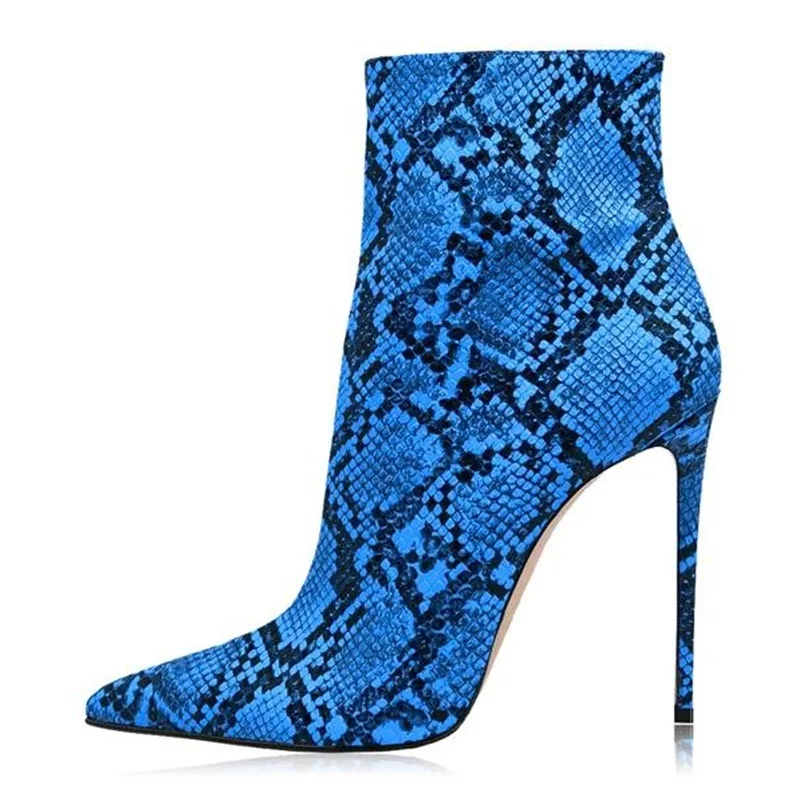 

Snake Print Leather Stiletto Heel Women Short Bootie Blue Green White Sexy Snakeskin Pointed Toe Female Footwear 12CM 10CM 8CM