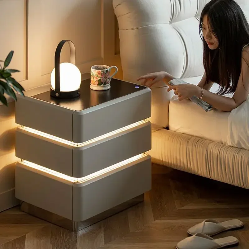 Simple Smart Bedside Table Solid Wood Nightstands with LED Light Wireless Charging Luxury Night Stands for Bedroom Furniture