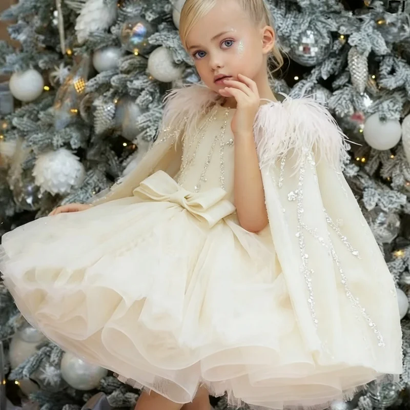 Flower Girl Dresses Pink Tulle Puffy Sequin With Bow Feather Cloak And Shoulders For Wedding Birthday Banquet Princess Gowns
