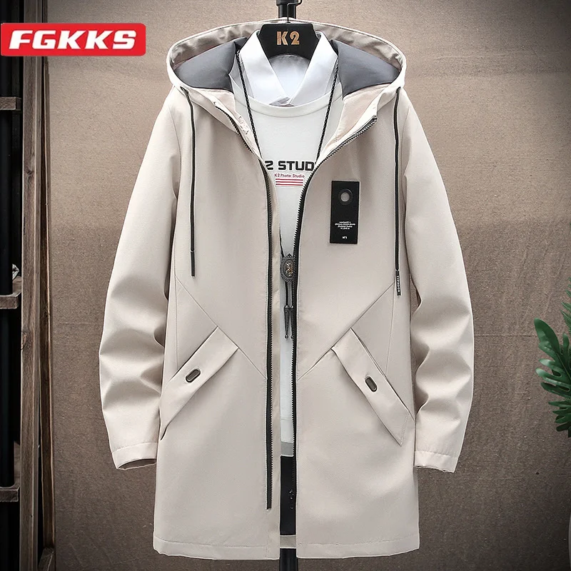 FGKKS 2024 Outdoor Casual Jacket For Men Solid Color Long Windproof Hooded Coat High Quality Design Hot Casual Jacket For Men