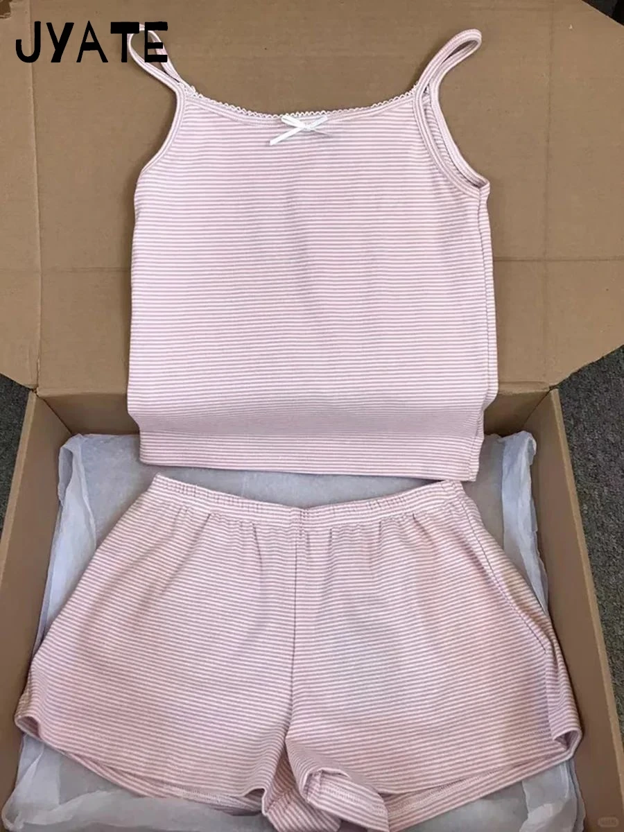 Sweet Striped Pink Vests Shorts 2 Pieces Set Women Slim Lace Trim Tank Top with High Waist Straight Short Pant Cute Bow Sets Y2K