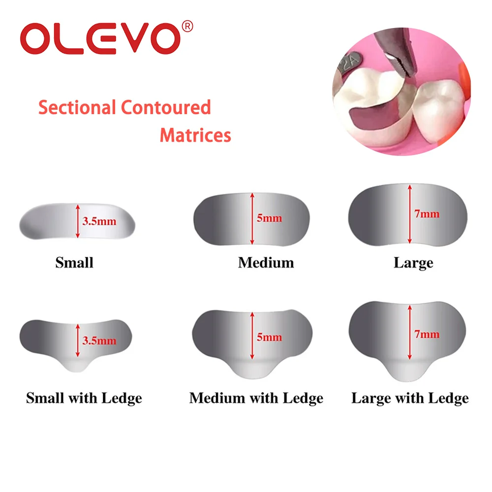 OLEVO 100Pcs Dental Sectional Contoured Metal Matrices Douban Molding Sheet Matrix Refill Band L/M/S With Ledge Dentist Material