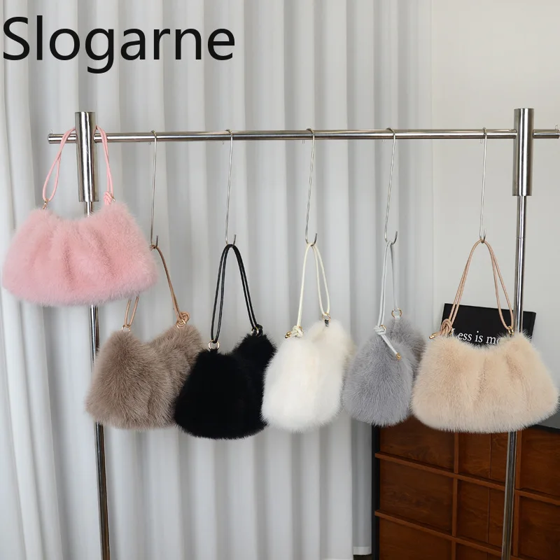 Damska jesienno-zimowa torebka z futerkiem, modna torebka ze sztucznego futra, jednolity kolor, duża pojemność, zapinana na zamek, puszysta torba na ramię/listonoszka.