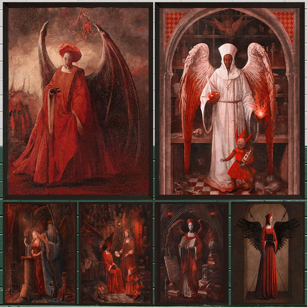Gothic Renaissance Style Angel ArtPoster Print, Dark Academia Alchemist Abstract Canvas Wall Art,Home Decor Unframed