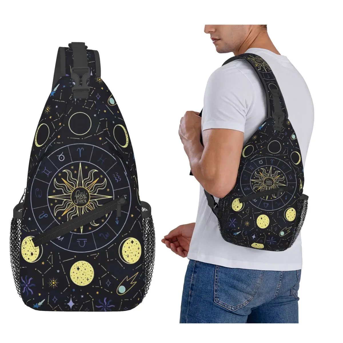 

Trendy Sun Moon Boho Cosmos Astrology Chest Bag Men Sling Crossbody Backpack Chest Bag Traveling Hiking Daypack Shoulder Bag