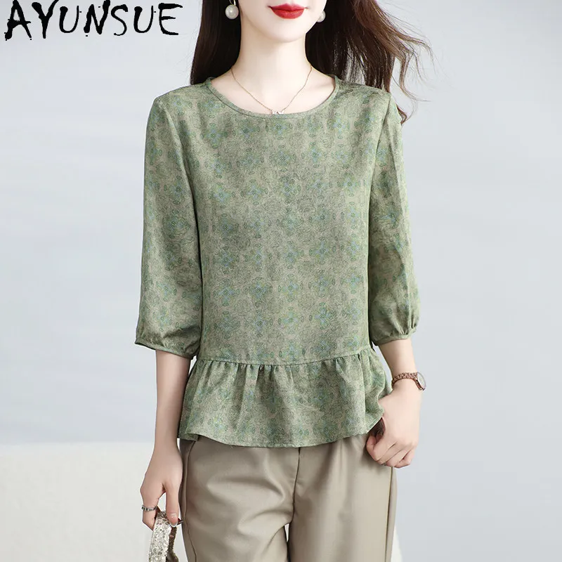 AYUNSUE 100% Real Mulberry Silk Women Tops Half Sleeved Printed Women Tshirts Autumn Casual Women Clothes 2026 New Ropa De Mujer
