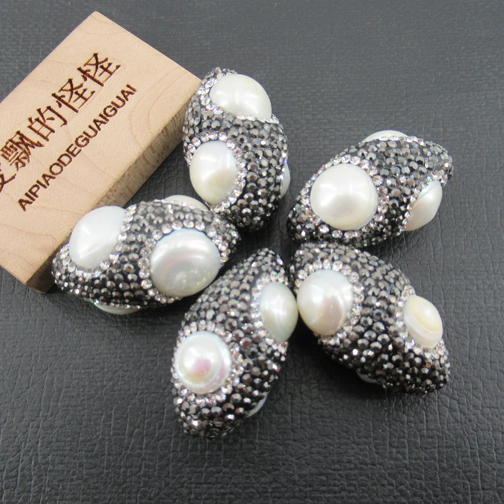 

APDGG 5 Pcs Egg Shape Black Clear Color Rhinestone Paved White Keshi Pearl Spacer Beads Jewelry DIY