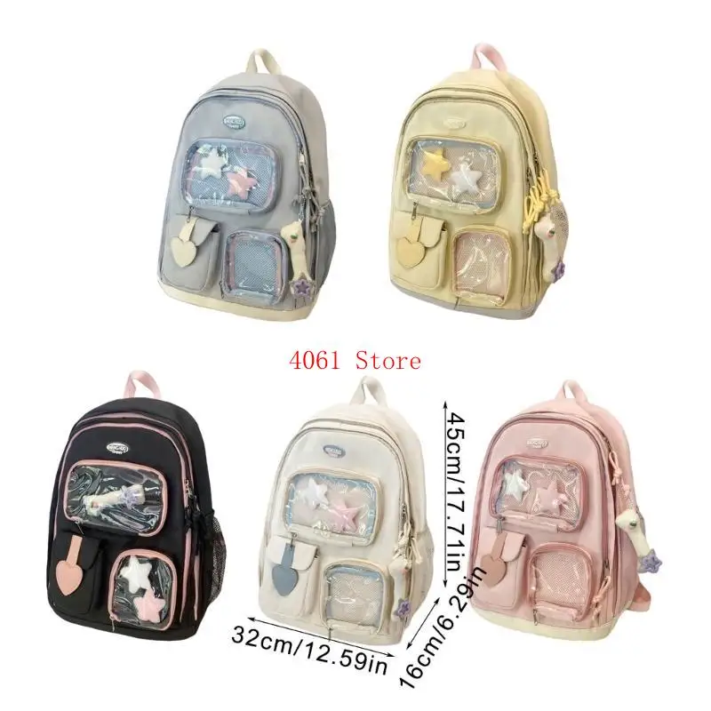 حقيبة ظهر مدرسية للفتيات المراهقات والأولاد مع جيب شفاف على شكل حقيبة ظهر جمالية كورية ذات سعة كبيرة وحقيبة كتب مدرسية #6