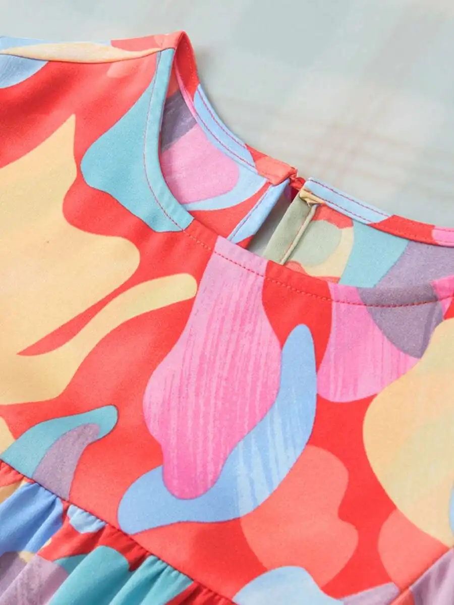 

Women Abstract Print Loose Fit Round Neck Blouse Summer Casual Top