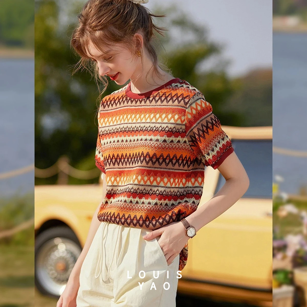 

LOUISYAO Fashion Multi-colour Short-sleeved T-shirt 2025 Summer Retro Round Neck Micro Elastic Women's Tee Females Top