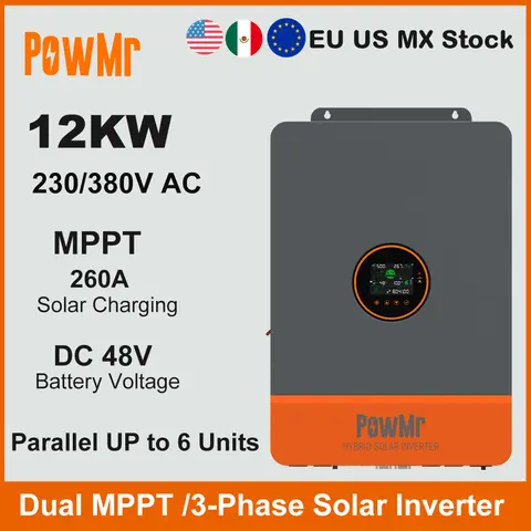 Local Stock 12KW Three-Phase DC 48V Solar Hybrid Inverter 230/400Vac Built-In 260A Dual MPPT Charger 2 PV Input Fit for LifePO4