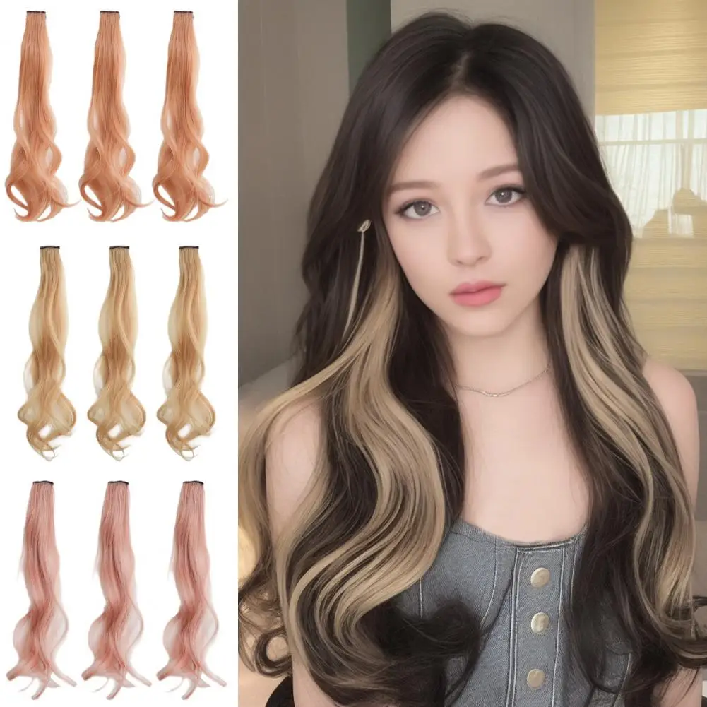 3Pcs Long Curly Hair Color Wig Piece Hair Extensions Clip In Highlight Rainbow Hair Streak Pink Synthetic Wig Strands On Clips