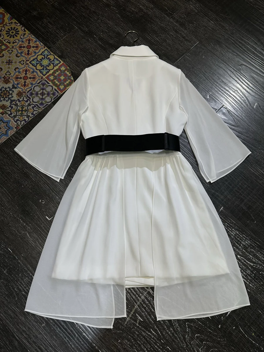 TWOTWINSTYLE Solid Sheer Spliced Belt Temperament Dresses for Women Lapel Half Sleeves Patchwork Double Breasted Dress Female