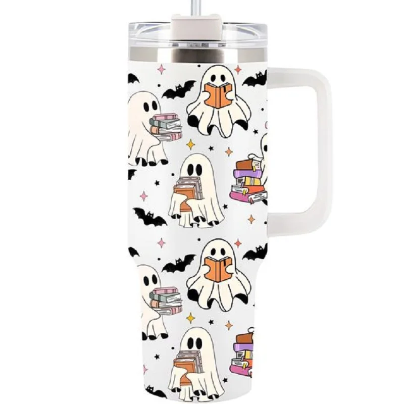 Tumbler Isolado em Aço Inoxidável com Tampa e Alça, Caneca Portátil, Grande Capacidade, Halloween, Novo, 1200ml