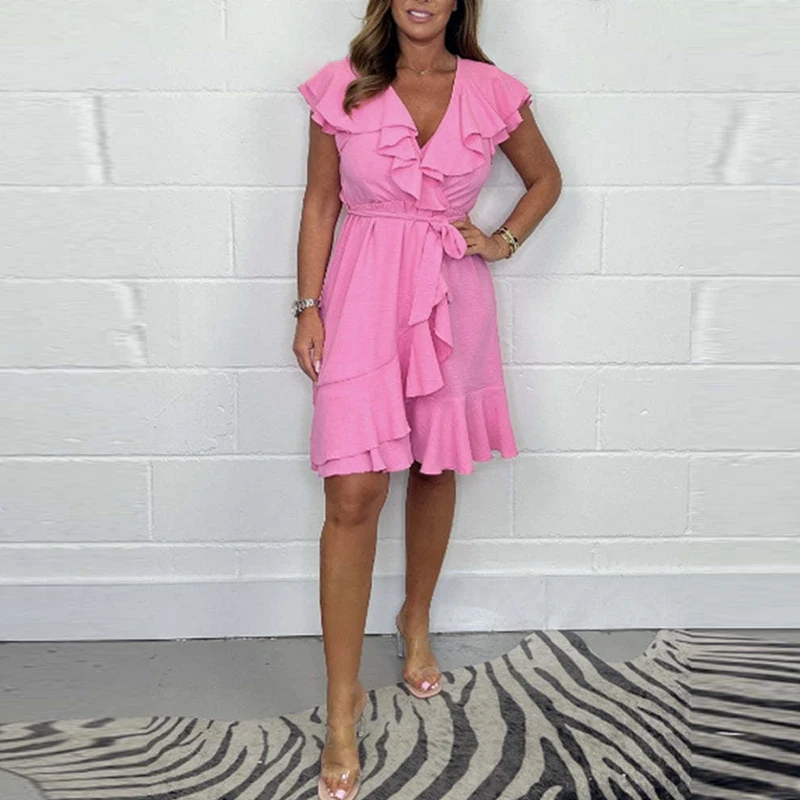 

Simple Short Sleeve V-neck Ruffles Mini Dress Temperament High Waist Irregular Party Short Dress Casual Tie Up Pure Color Dress