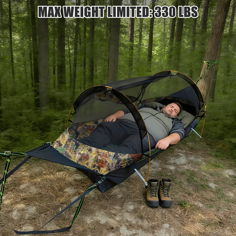 Night Cat Flat Lay Hammock Tent with Mosquito Net & Waterproof Rainfly | 1 Person Camping Hammock with Air Pad Compatibility