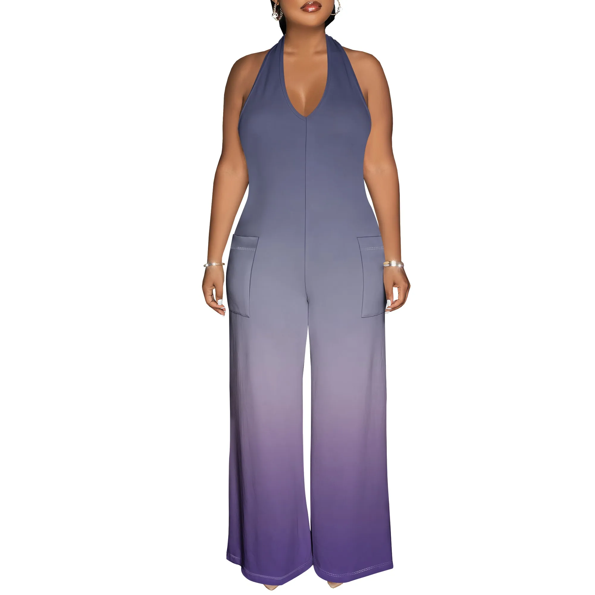 Mono bohemio informal sin mangas con cuello halter para mujer, monos de fiesta de viaje con estampado de pierna ancha y bolsillos