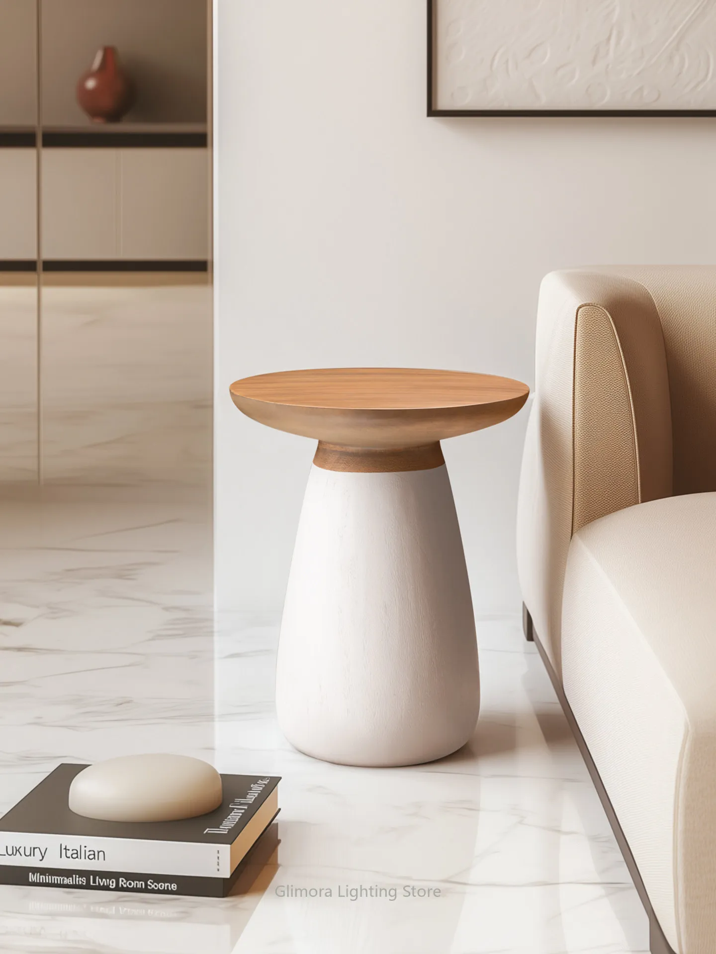 Cream Style Solid Wood Round Side Table for Living Room, Minimalist Tree Stump Coffee Table & Bedside Desk