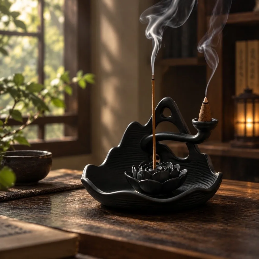 3D Printed 3 In 1 Incense Holder Mountain Lotus Design Plastic Backflow Incense Burner Hollow Out Decorative Zen Incense Holder
