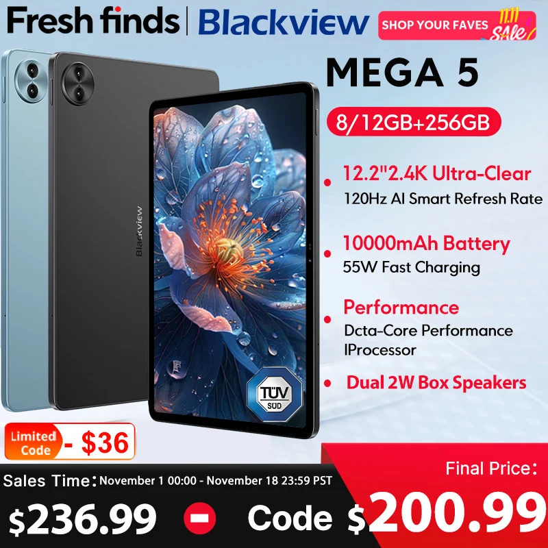 【세계 최초 공개】블랙뷰 MEGA 5 AI 태블릿 12.2인치 2.4K 120Hz 디스플레이 12GB 256GB 10000mAh 55W 충전 4G 안드로이드 16 PC 패드