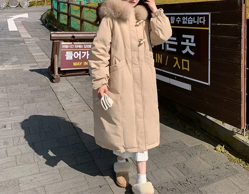 2025 Winter nieuwe verdikte jas lange knie over katoenen jas voor dames niche grote haarkraag