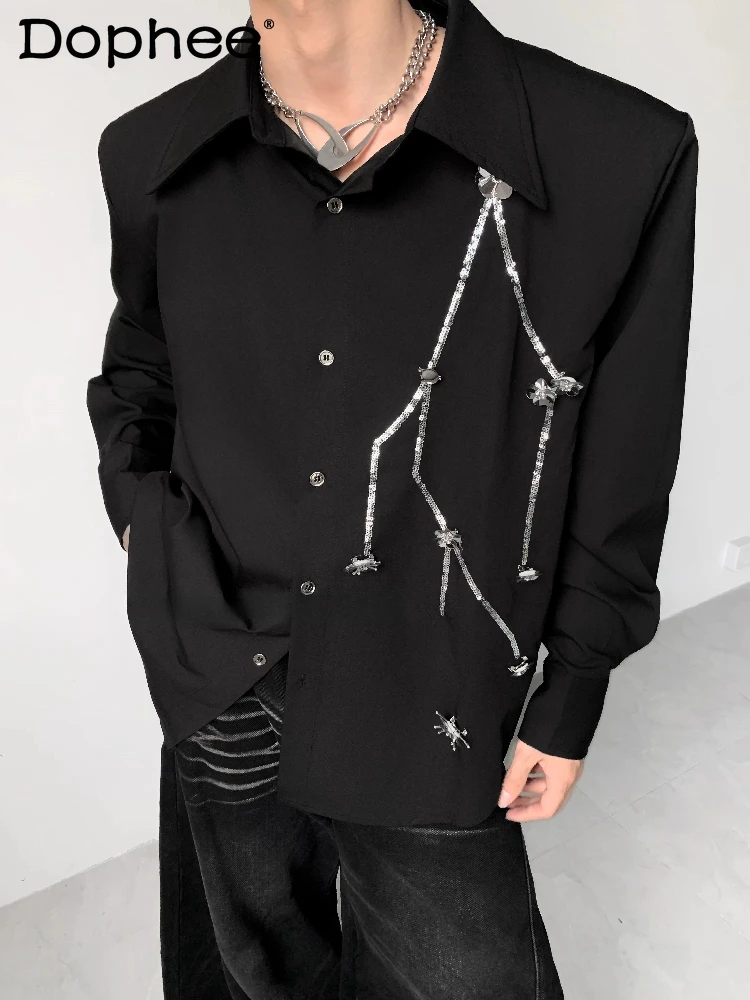 

Men's 2025 Autumn New Elegant High-End Long Sleeve Shirts Fashion Light Luxury Sequin Floral Padded Shoulder Solid Color Shirts