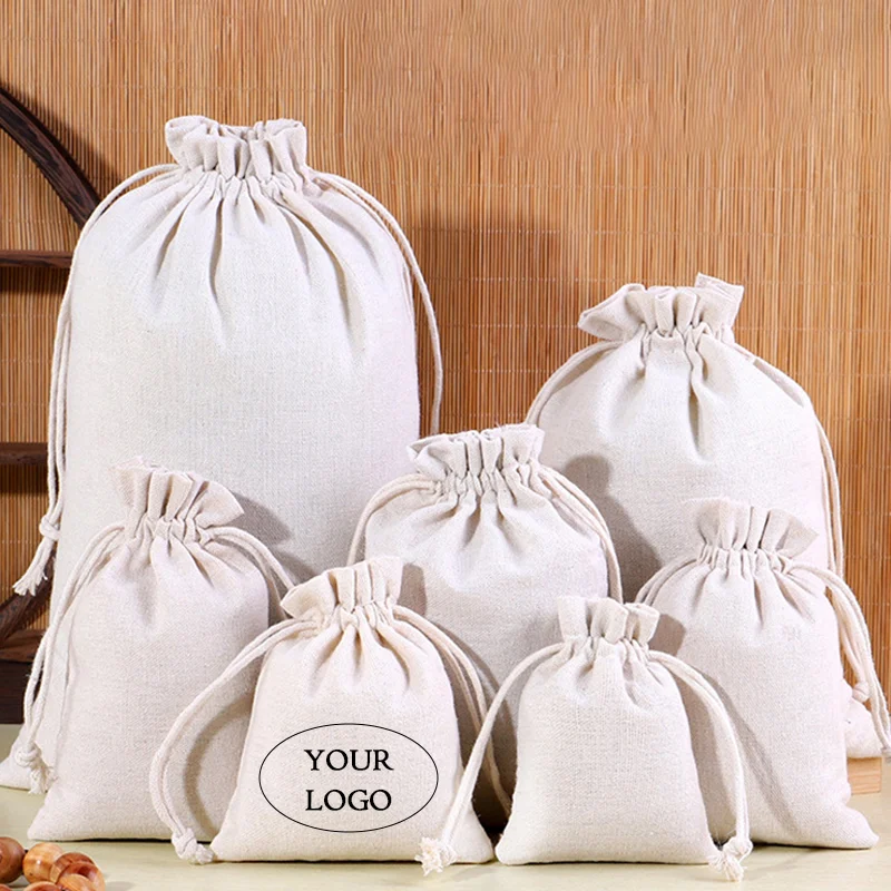 10/100 sacs cadeaux blancs, sacs faits main blancs, sacs en coton et lin, emballage de présentation de bijoux, logo personnalisable