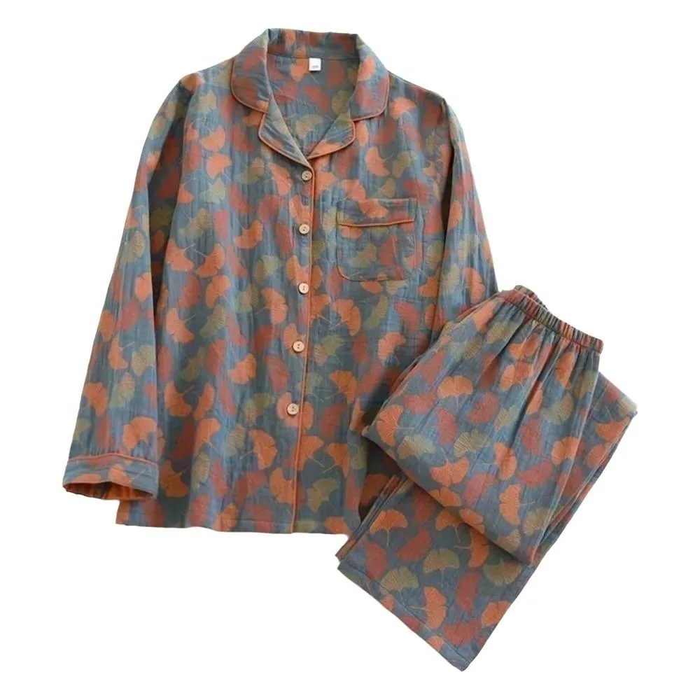 Cotton Pajamas Suit Elastic Waistband Long Pants Long Sleeve Pajamas Soft Button Front Home Clothes Suit Night Sleeping