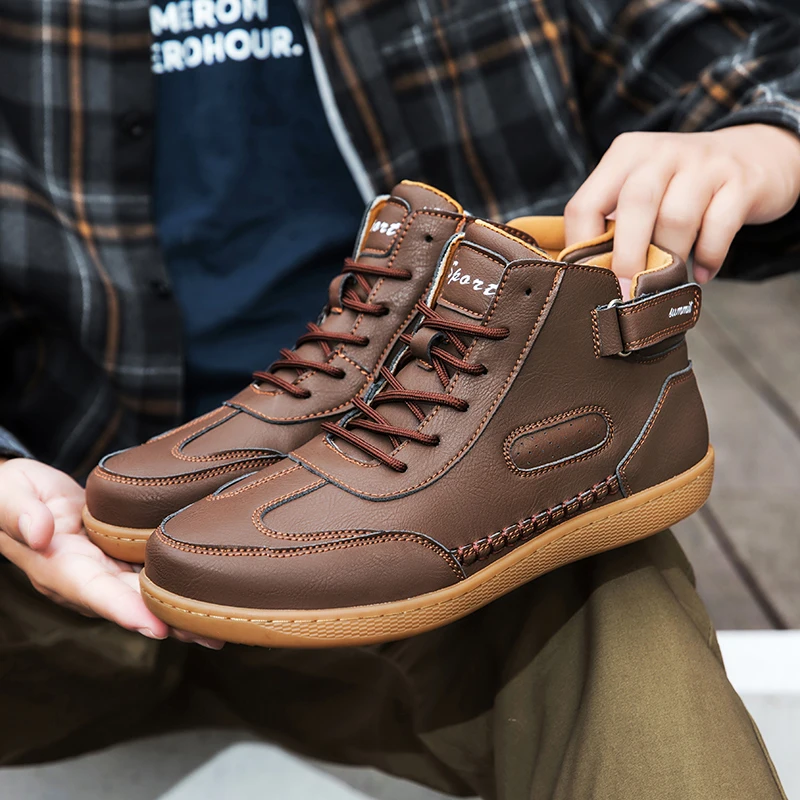 Mid Top Wide Width Barefoot Shoes Comforthable Men's Casual Shoes Artificial Leather Outdoor Non-slip Lace Up Man Walking Shoes
