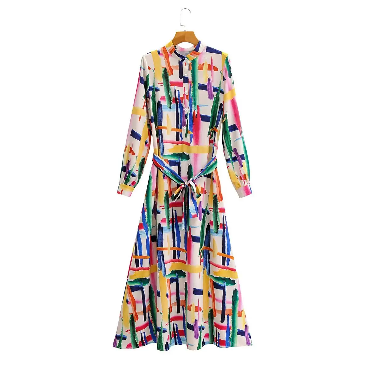 فستان نسائي جديد من JNLEAOG لفصل الربيع بتصميم عصري مصبوغ بأكمام طويلة وياقة مقلوبة وتنورة على شكل حرف A مصنوع من ألياف البول...