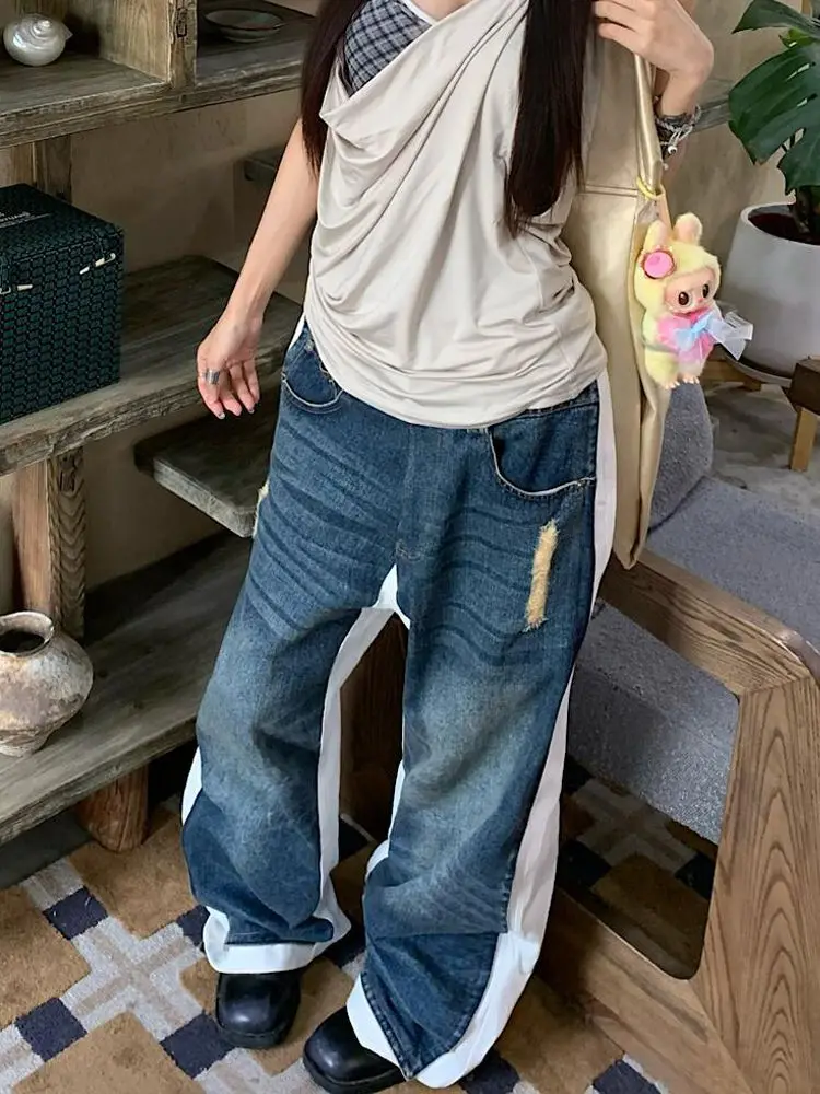 American Retro Design Sense White Background Spliced Jeans Women Spring Autumn Hot Girls Loose Lazy Style Floor Trousers