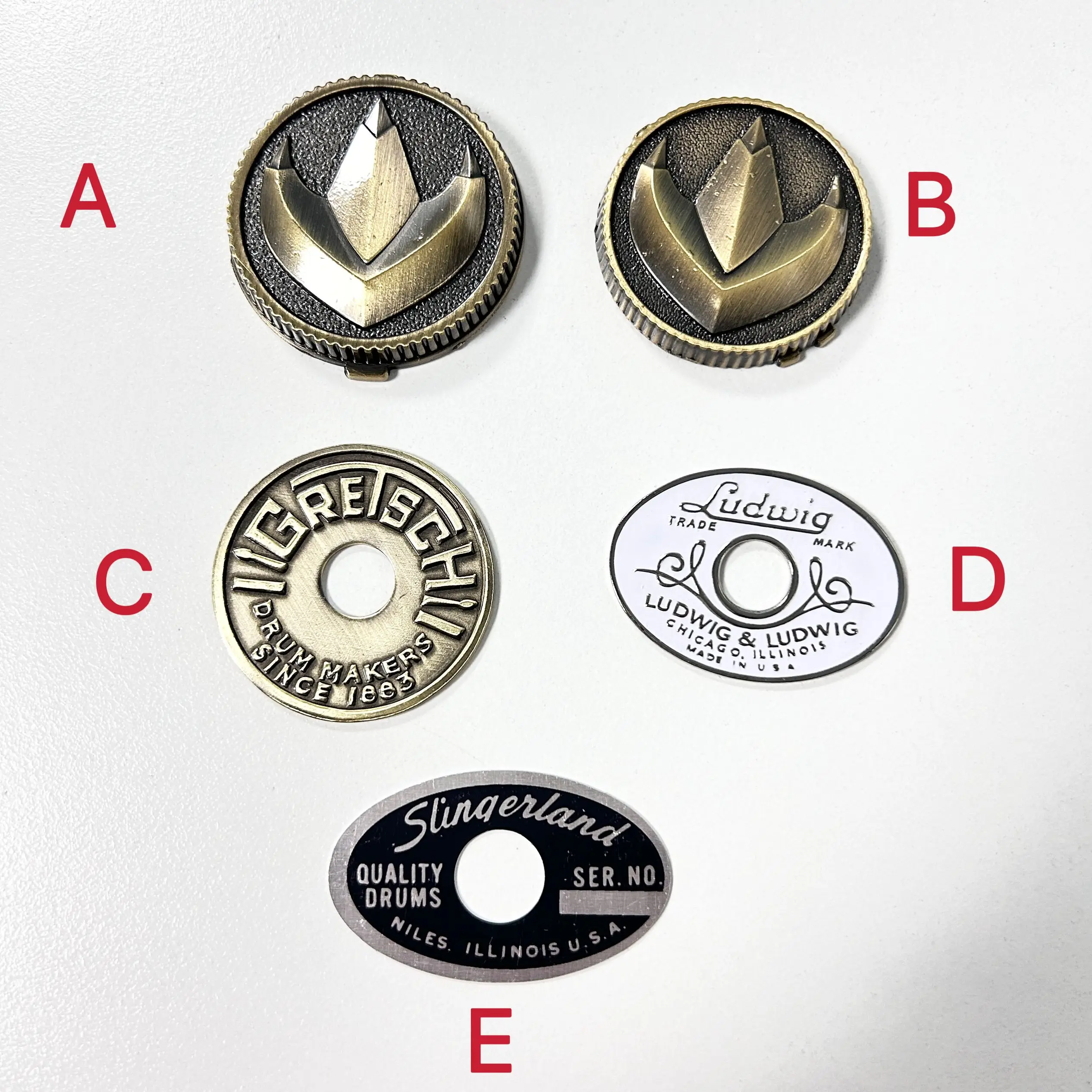 

Ranger Morpher Coins (Weathered Dino/Dragon) & Vintage Drum Badges (Ludwig 30s/Slingerland 70s/Gretsch)
